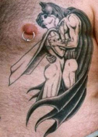 Bat Man Kissing Robin, Bad Tattoos, Worst Tattoos, Funny Tattoos, horrible Tattoos, body art, awful tattoos ugliest tattoos, nasty, ugly stupid, terrible, best tattoos, awesome tattoos, great tattoos