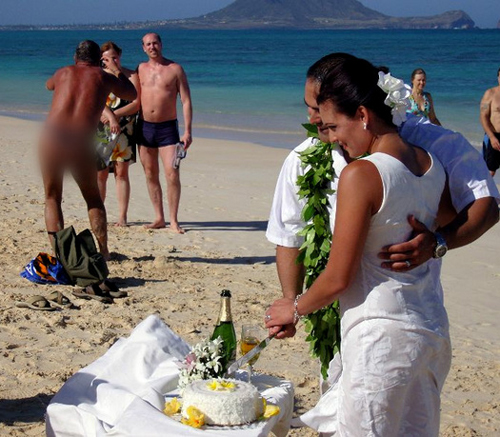 "Congratulations... ...You may flash the bride." Beach Weddings, Wedding Flasher, naked on the beach, Funny Wedding Pictures, Bad Wedding Photos,Wedding disasters, disastrous weddings, ugly wedding dresses, bad wedding dresses, wedding photography, wedding photographers, horrible weddings, wedding invitations, affordable weddings, worst wedding pictures