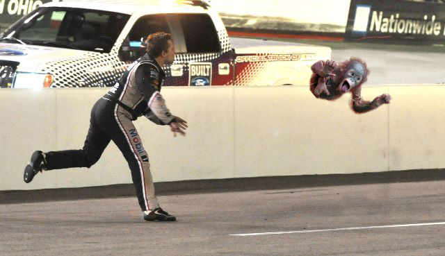 Tony Stewart Throws Monkey Tony Stewart, Tony Stewart Throws his Helmet at Matt Kenseth, Bristol Motor Speedway, funny pictures of NASCAR Drivers, funny pictures of Tony Stewart, Smoke,
