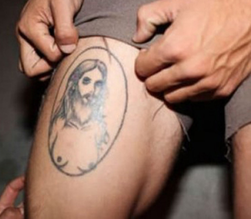 leg thigh tattoos jesus nipples, jesus with man boobs, Worst Tattoos ...