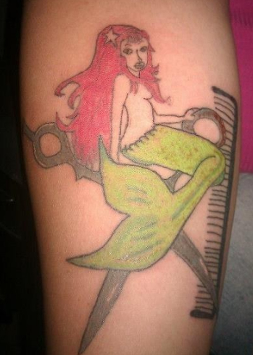 Why people in Barber School shouldn't go out and get drunk... Mermaid Tattoos, Scissor Comb Worst Tattoos, Funny Tattoos Horrible Ugliest Tattoos Stupid Ugly Awful WTF Fail