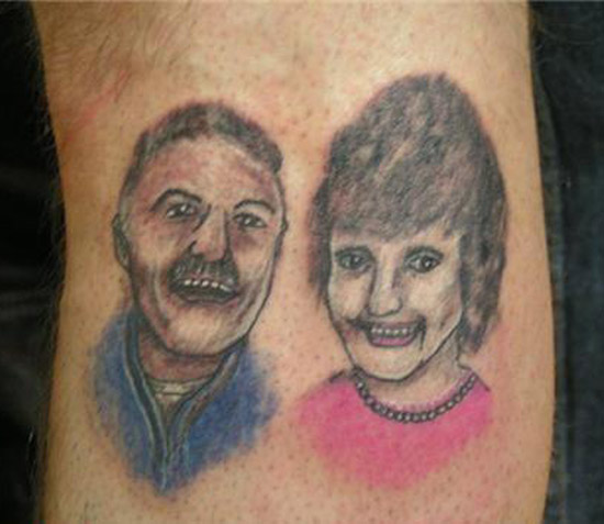 Bad portrait tattoo of mom & dad