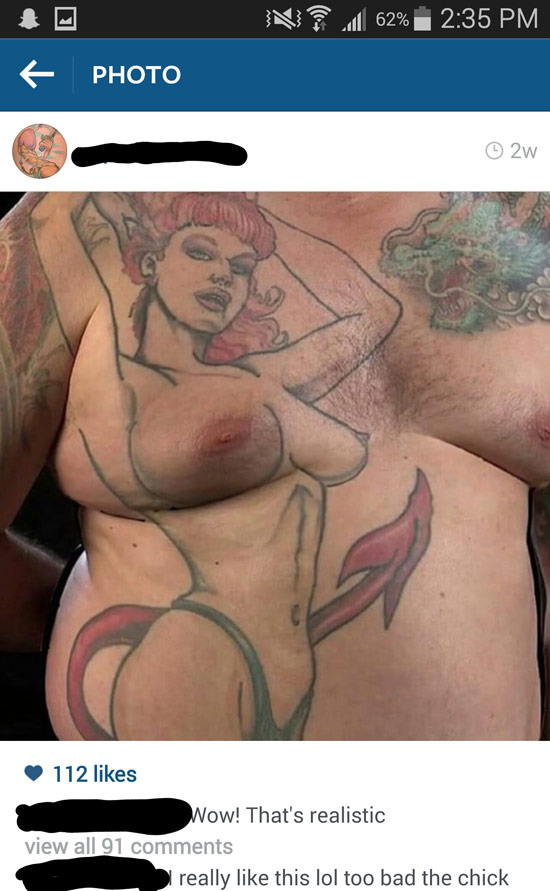 Man boobs tattoo, devil woman tattoo with mans nipple making her boob