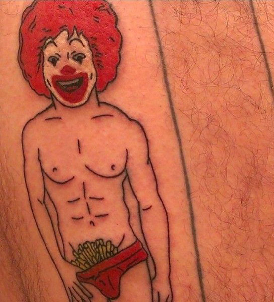 stripper ronald mcdonald with fries in g-string ~ the ugliest bad worst tattoos